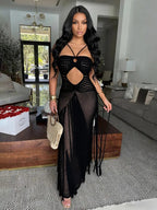 Women's crochet knit maxi dress with fringe, sexy cutout, open back, bohemian style; perfect for beach parties, summer vacations, and resort wear.