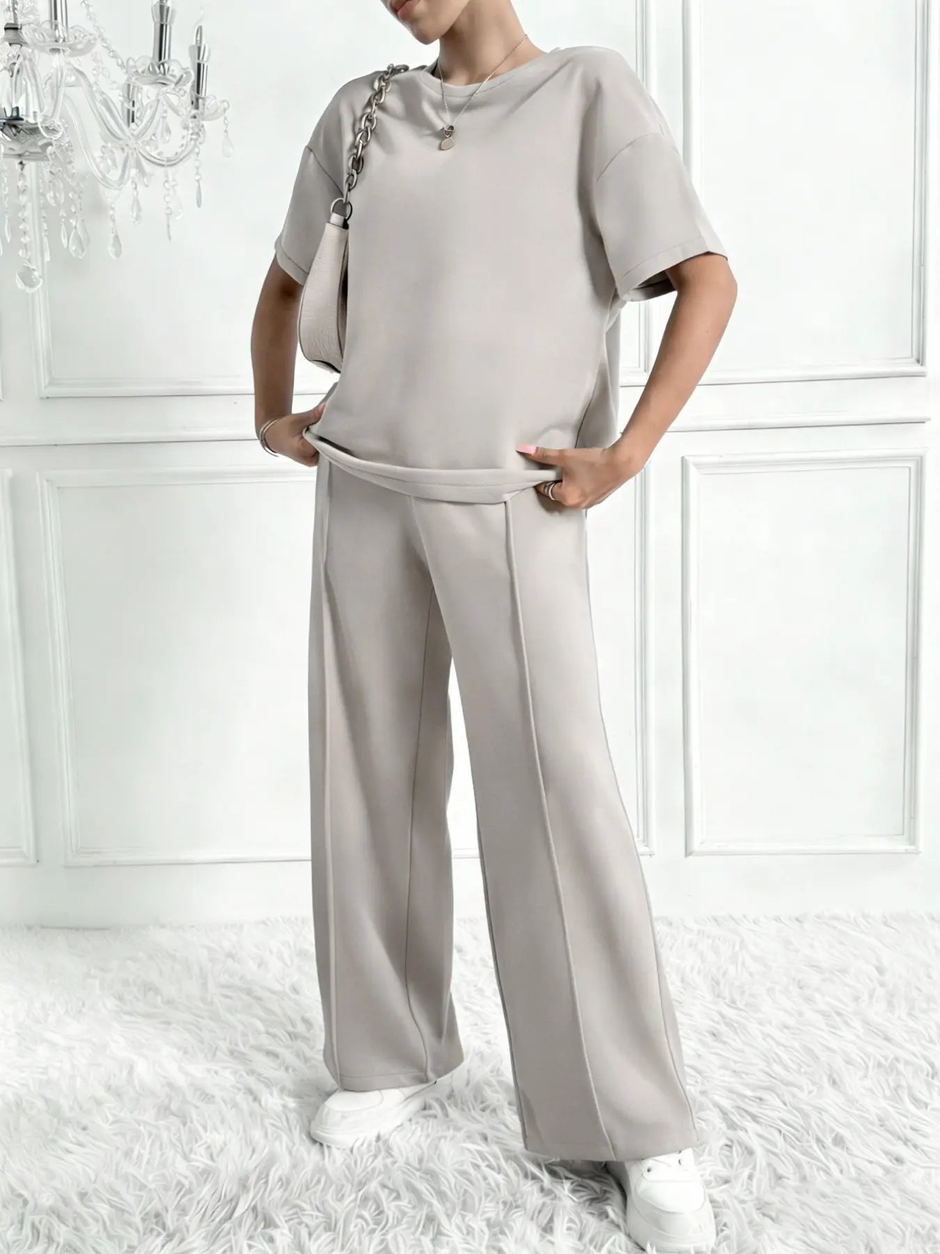 Ensemble deux pièces décontracté de couleur unie pour femme, ensemble coordonné ample et confortable pour le printemps et l'été, parfait pour le quotidien et le sport