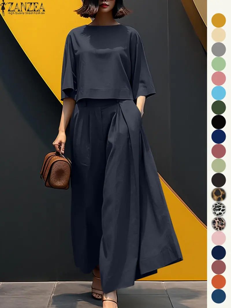 Ensemble deux pièces haut et pantalon large pour femme, haut et pantalon décontractés, mode minimaliste, confortables, à manches trois quarts, pour tous les jours en extérieur, vêtements pour femmes toutes saisons