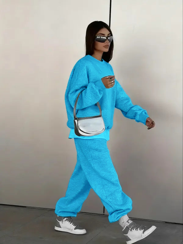 Ensemble deux pièces femme : Sweat-shirt col rond et pantalon de jogging ample, style décontracté sportif urbain hip-hop, mode automne et hiver