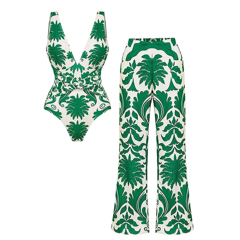 Maillot de Bain 1 Pièce Imprimé Vert Col V Noué à la Taille Gainant et Jupes ou Pantalons