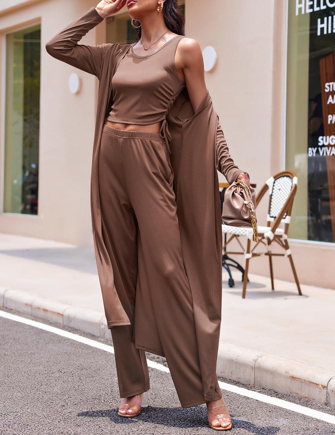 Ensemble de pyjama 3 pièces pour femme - Cardigan à manches longues, débardeur et pantalon de survêtement
