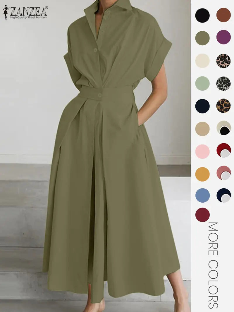 Robe unie à col pour femme, robe décontractée à manches courtes pour l'été, vêtements pour femmes pour le quotidien