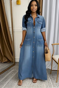 Ladies' Lapel Wash Water Splicing Pocket Casual Dress