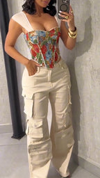 Ladies Square Collar Printed Back Strap Top+ Multi Pocket Patchwork Pants Casual Set