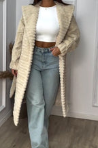 Women Casual Soft Textured Pattern Tie-up Plush Warm Coat