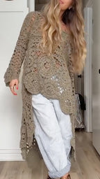 Women Round Neck Printed Hollow Out Casual Long Top
