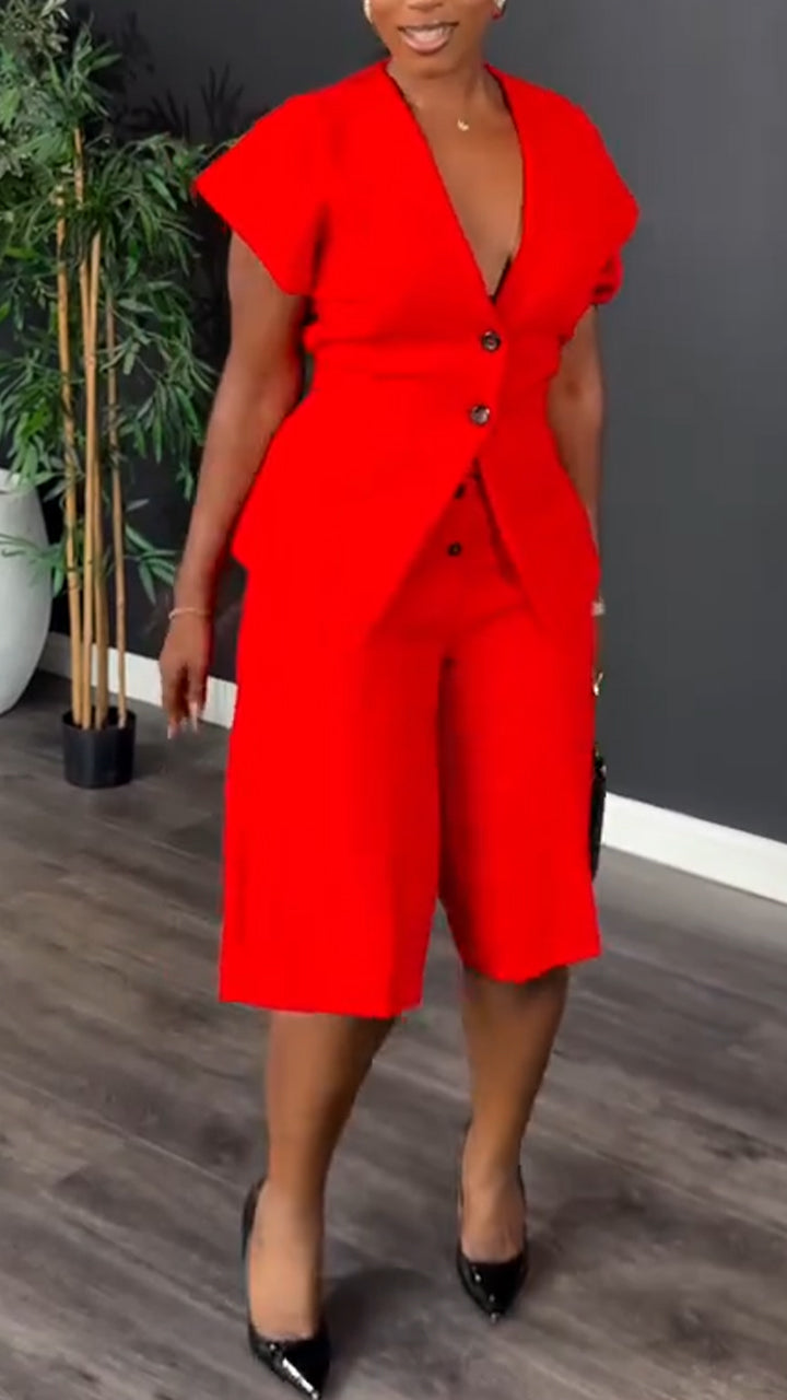 Womens V-neck Jacket+ Pants Casual Set with Temperament