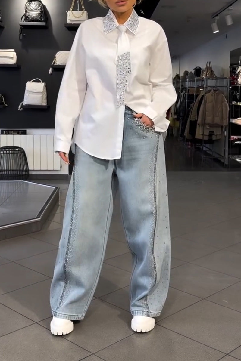 Women's Fashion Gradient Rhinestone Loose Jeans