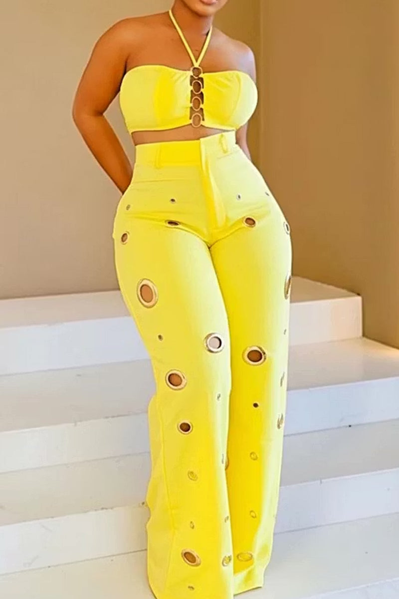 Women's Halter Neck Cutout Cropped Vacation Top Or Loose Fit Cutout Trousers