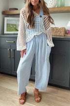 Women Drawstring Vertical Stripe Casual Linen Pants