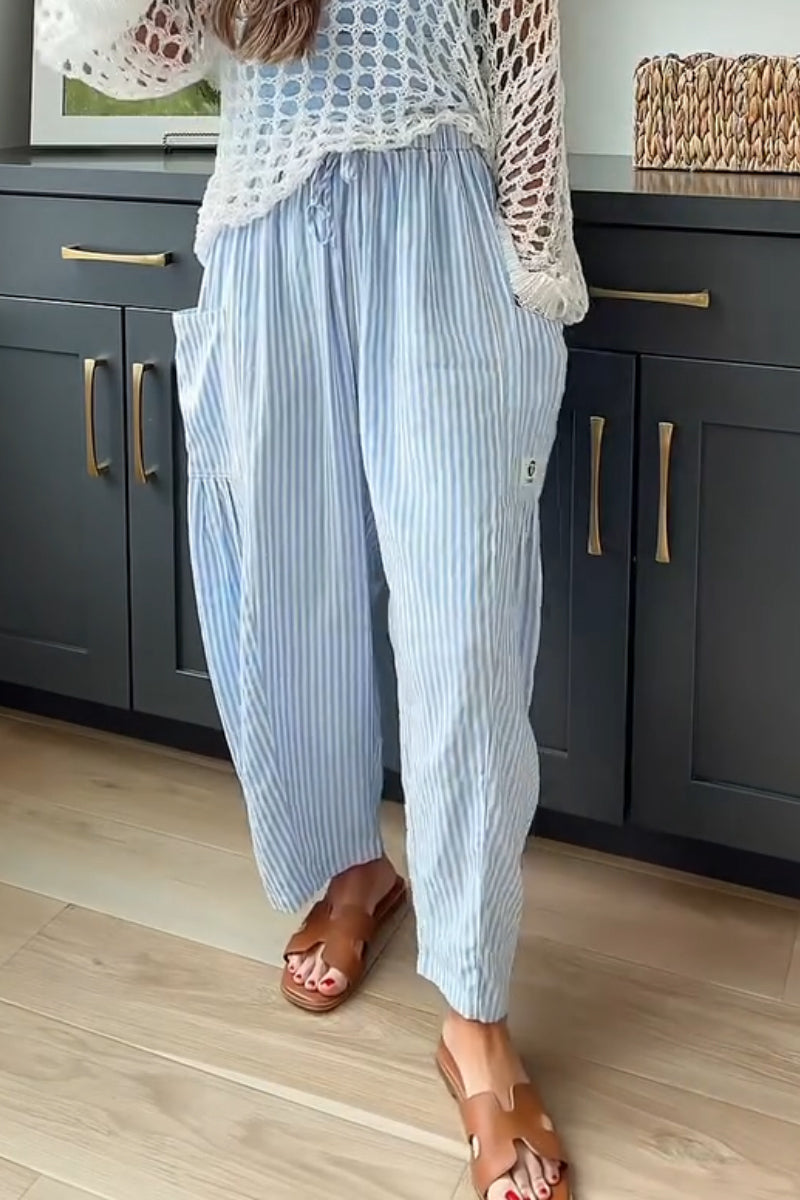 Women Drawstring Vertical Stripe Casual Linen Pants