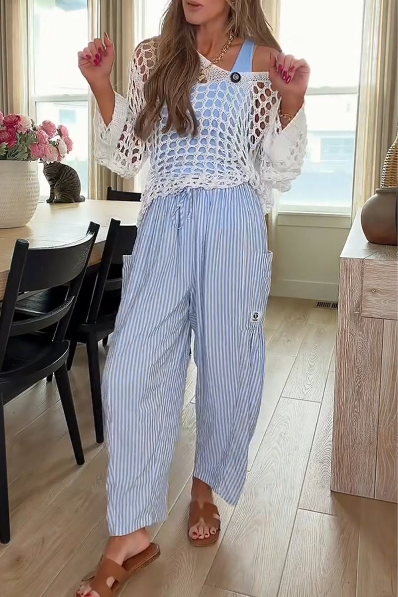 Women Drawstring Vertical Stripe Casual Linen Pants