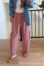 Women Drawstring Plaid Casual Loose Linen Pants