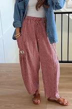 Women Drawstring Plaid Casual Loose Linen Pants
