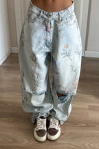 Women Printed Ripped Casual Denim Wide Leg Pants