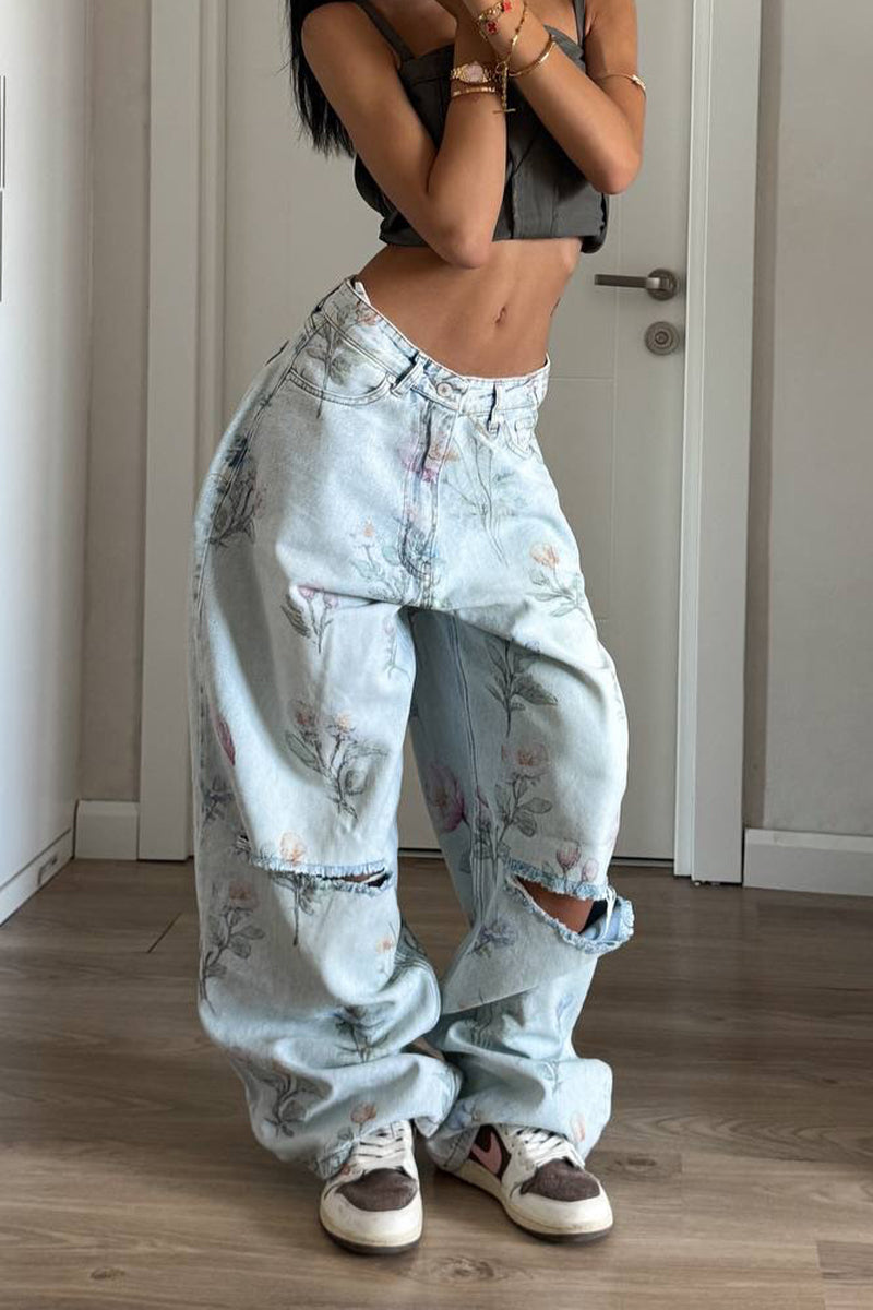 Women Printed Ripped Casual Denim Wide Leg Pants