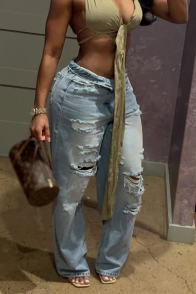Women Washed Ripped Casual Wide Leg Jeans