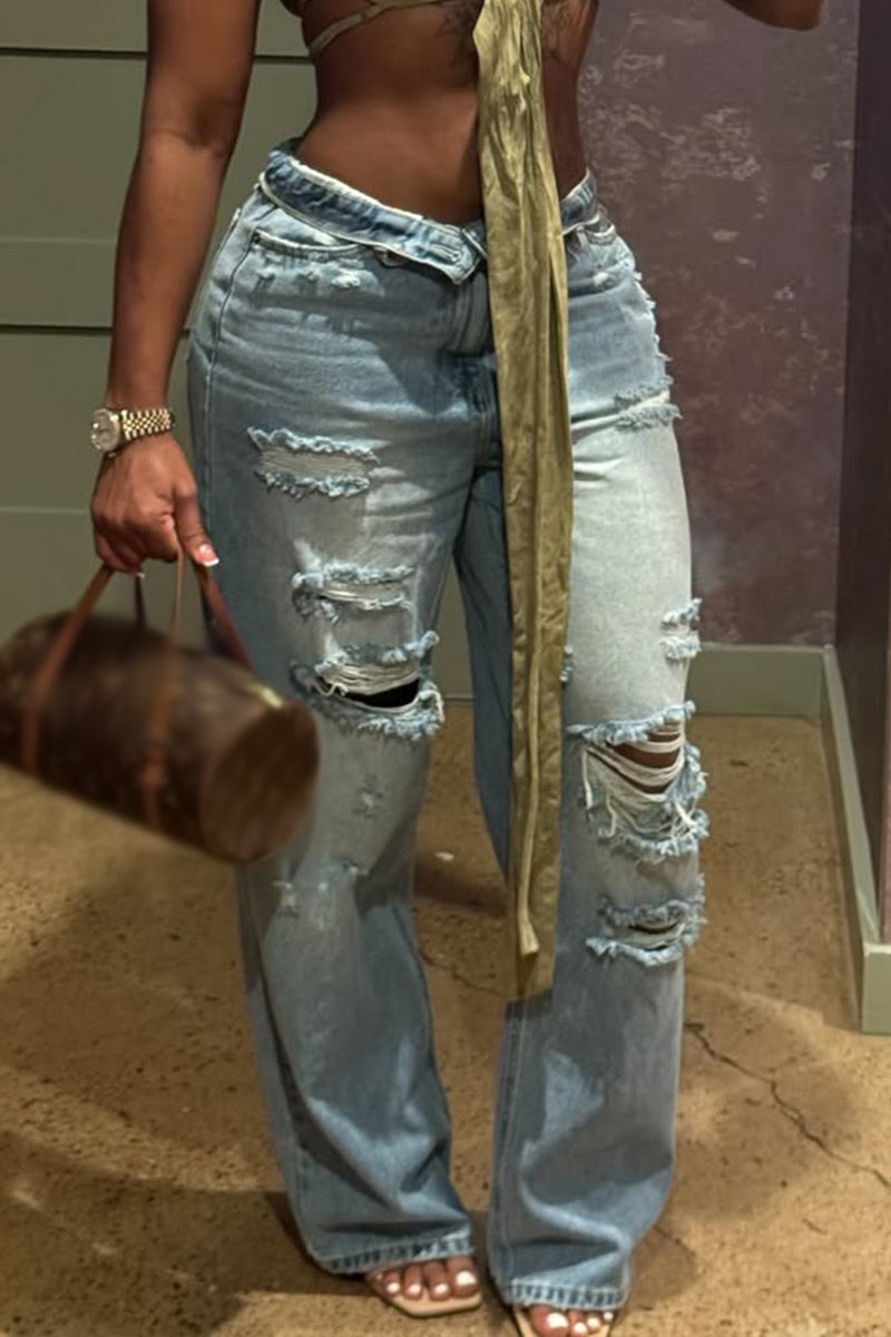 Women Washed Ripped Casual Wide Leg Jeans