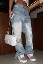 Women Washed White Dove Print Scratch Casual Denim Wide Leg Pants