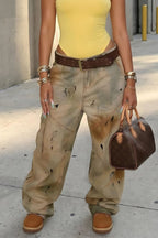 Women Distressed Workwear Wide-leg Jeans