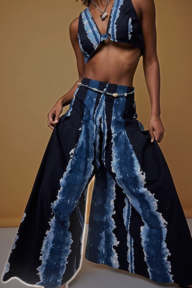 Women's Tie Dye Striped Sleeveless V Neck Knot Front Crop Bra Top Or High Waist Wide Leg Palazzo Pants