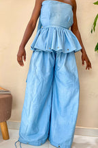 Women's Light Linen Blend Metal Eyelet Detail Neck Tie Ruffle Top Or Ruched Ankle Baggy Pant Matching