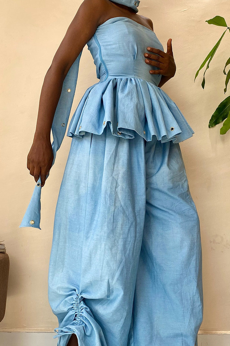 Women's Light Linen Blend Metal Eyelet Detail Neck Tie Ruffle Top Or Ruched Ankle Baggy Pant Matching