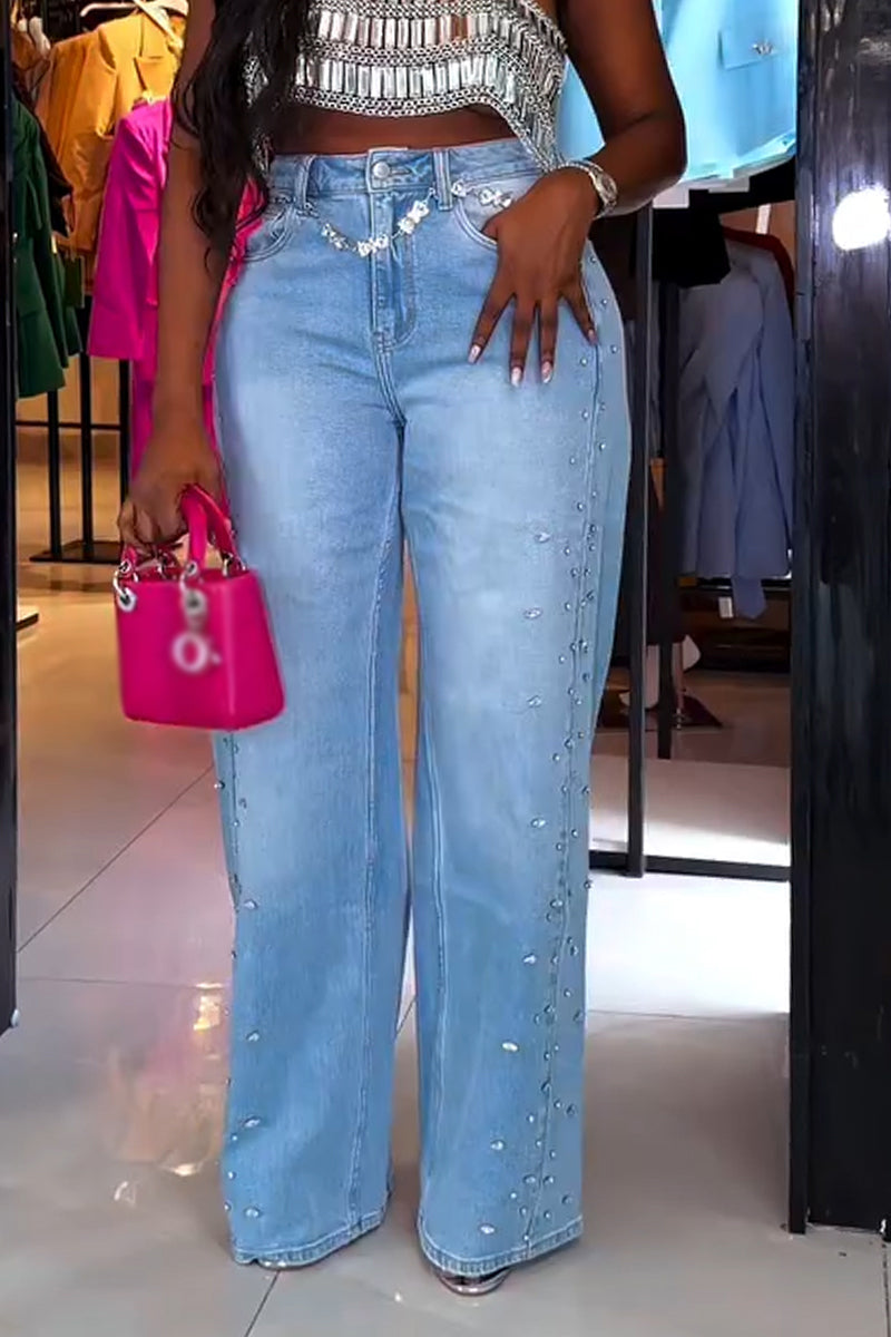 Women Rhinestone Washed Casual Wide Leg Jeans