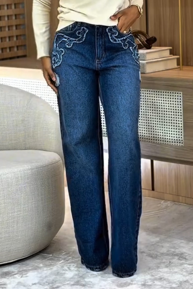 Women Wash Water Sticker Casual High Waisted Straight Leg Jeans