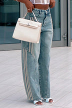 Women Vertical Stitching Washed Casual Wide Leg Jeans