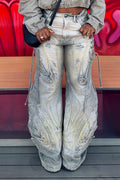 Women Wide-Leg Denim Casual Pants with Heavy-Duty Wash Finish