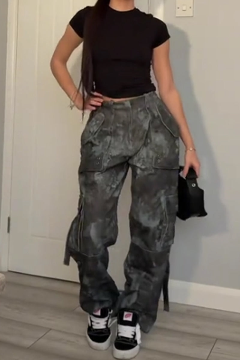 Women's Printed Street Style Jogger Jeans With Multiple Pockets