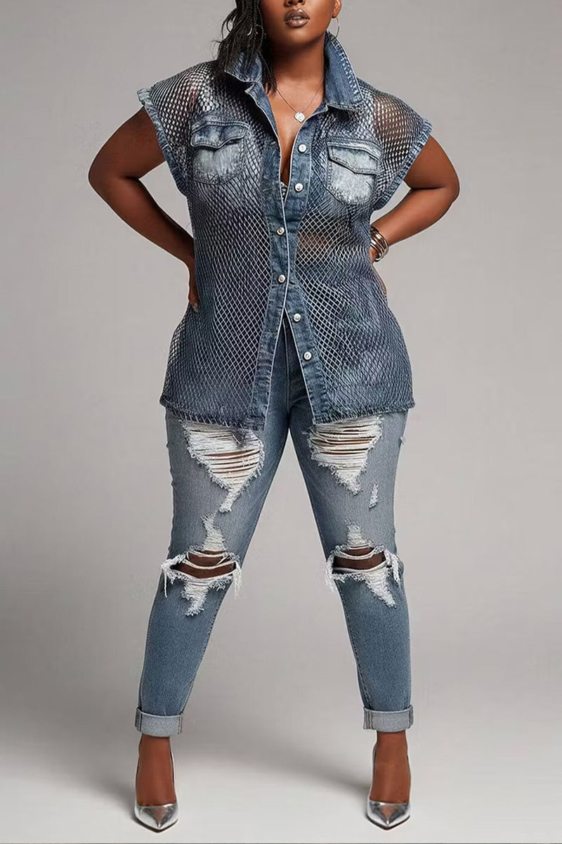 Women Casual Mesh Splice Washed Denim Sleeveless Collared Button Down Shirt