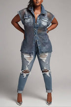 Women Casual Mesh Splice Washed Denim Sleeveless Collared Button Down Shirt