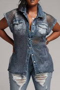 Women Casual Mesh Splice Washed Denim Sleeveless Collared Button Down Shirt