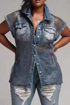 Women Casual Mesh Splice Washed Denim Sleeveless Collared Button Down Shirt