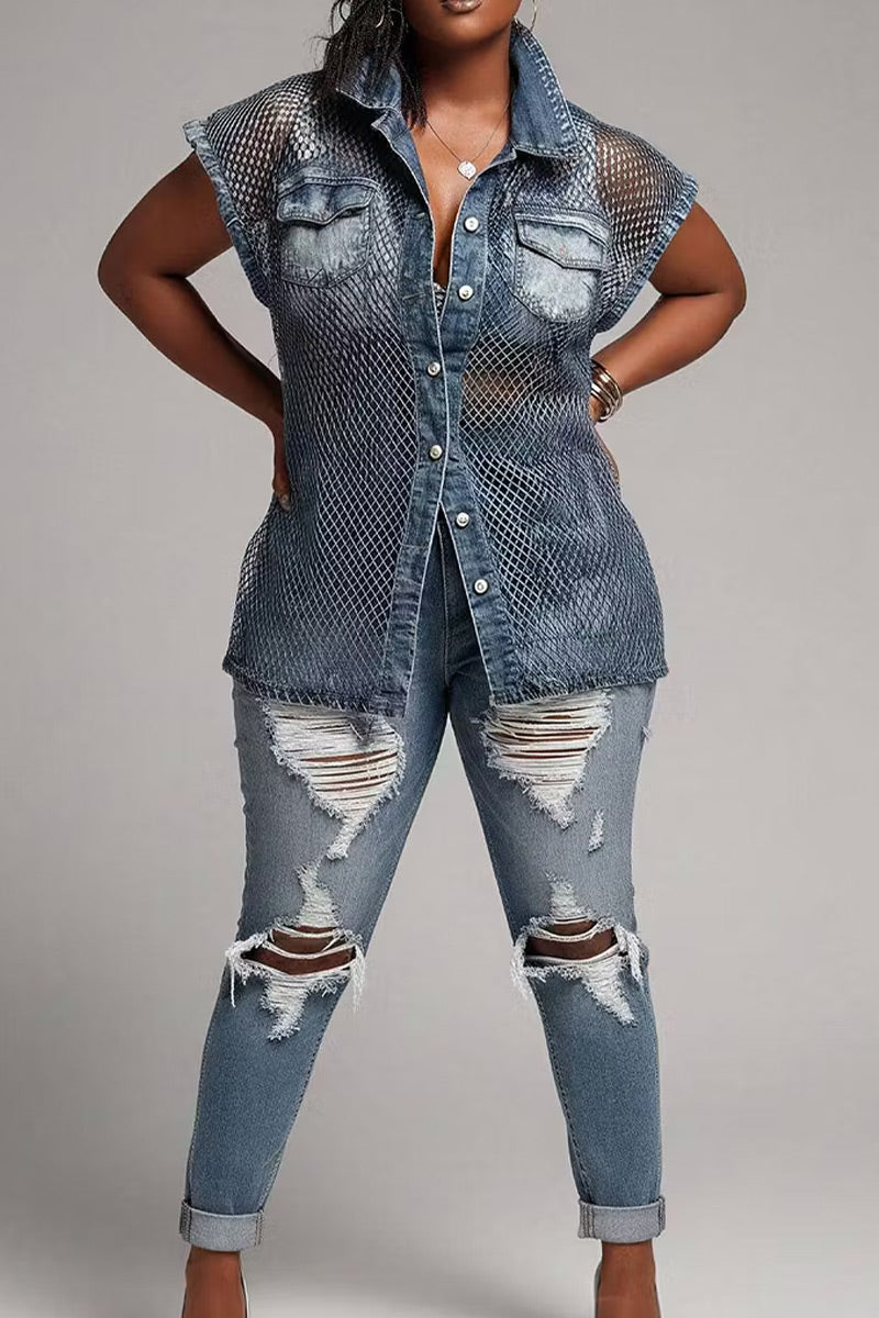 Women Casual Mesh Splice Washed Denim Sleeveless Collared Button Down Shirt