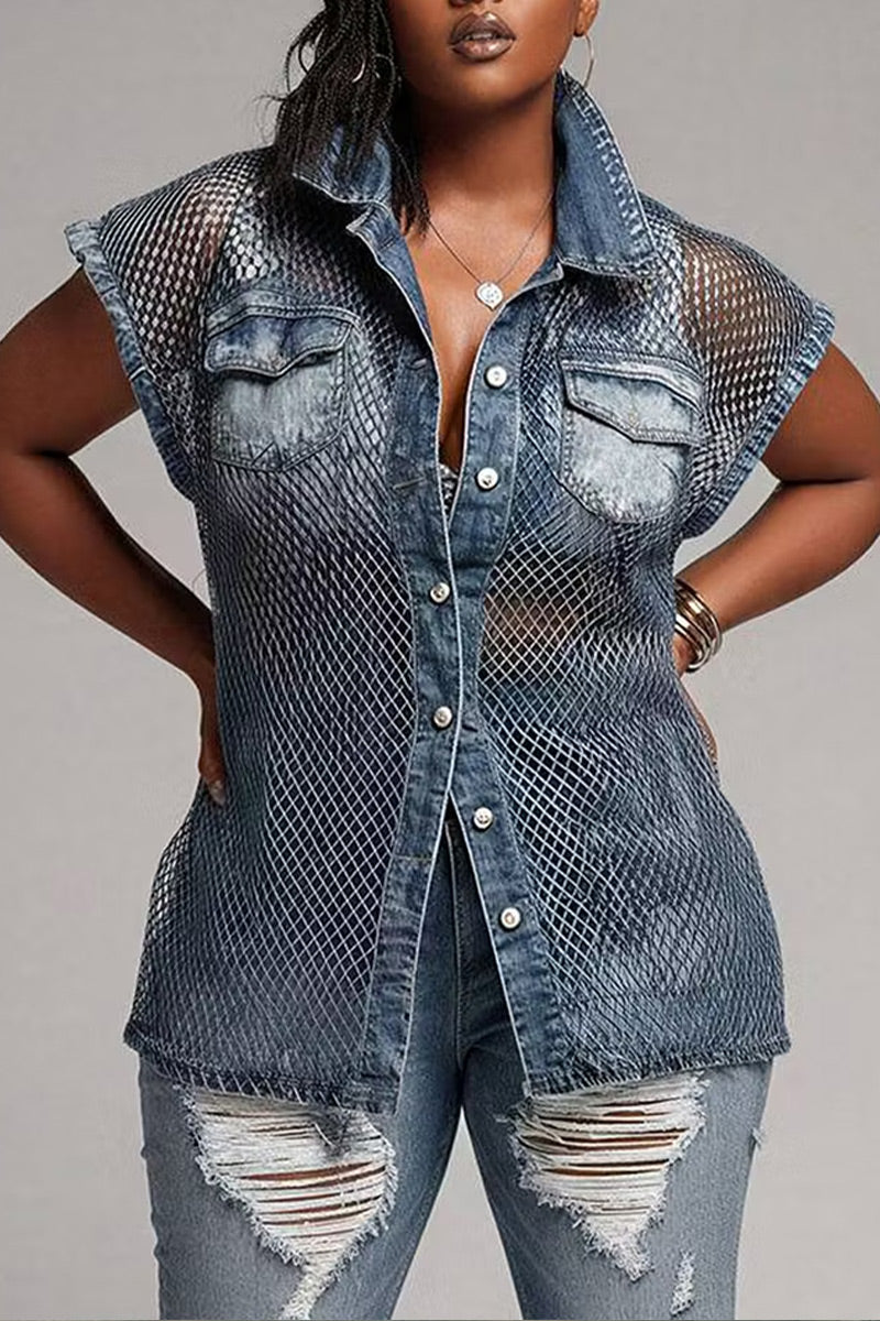 Women Casual Mesh Splice Washed Denim Sleeveless Collared Button Down Shirt