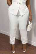 Women's Lapel Double Breasted Sleeveless Fitted Waist White Blazer Vest  Or High Waist Slim Fit Stretch Ankle Length White Dress Pants