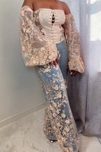 Women's Elegant Lace Up Embroidered Puff Sleeve Top Or Embroidered Wide Leg Jeans