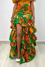 Women's Casual Abstract Curve Line Print Collared Half Sleeve Zip Up Cropped Jacket Or High Waist Side Ruched Drawstring Irregular Flowy Maxi Skirt