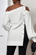 Women White Asym Cold Shoulder Tie Strap Puff Sleeve Side Split Button Tunic Shirt