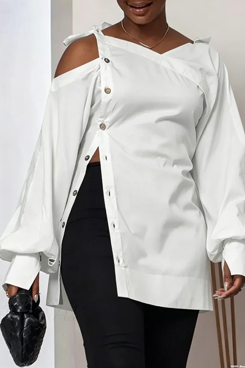 Women White Asym Cold Shoulder Tie Strap Puff Sleeve Side Split Button Tunic Shirt