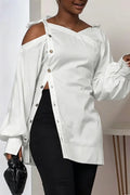 Women White Asym Cold Shoulder Tie Strap Puff Sleeve Side Split Button Tunic Shirt