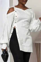 Women White Asym Cold Shoulder Tie Strap Puff Sleeve Side Split Button Tunic Shirt