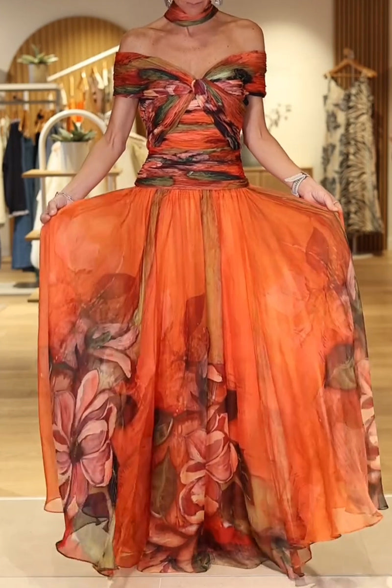 Women One-Shoulder Print Waist-Cinched Elegant Casual Maxi Dresses