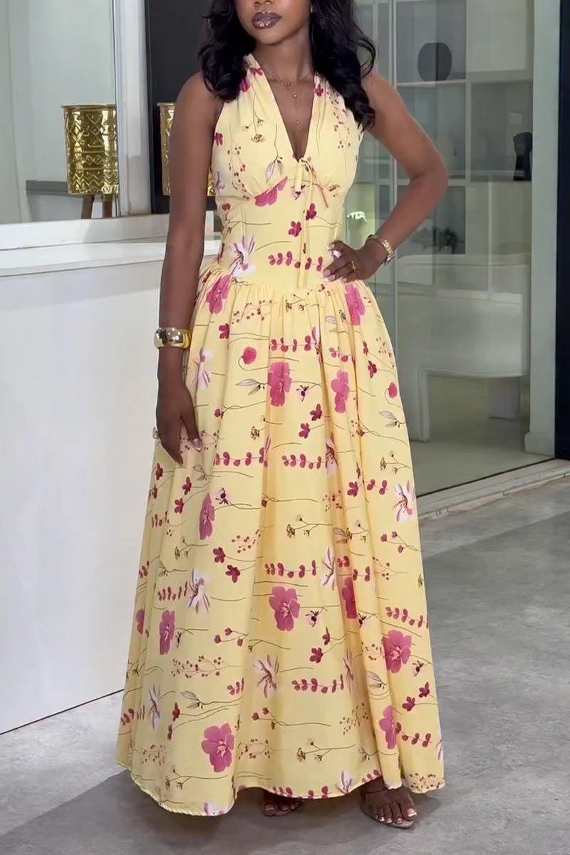 Women Deep V-neck Printed Waist Cinching Elegant Casual Maxi Dresses