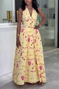 Women Deep V-neck Printed Waist Cinching Elegant Casual Maxi Dresses