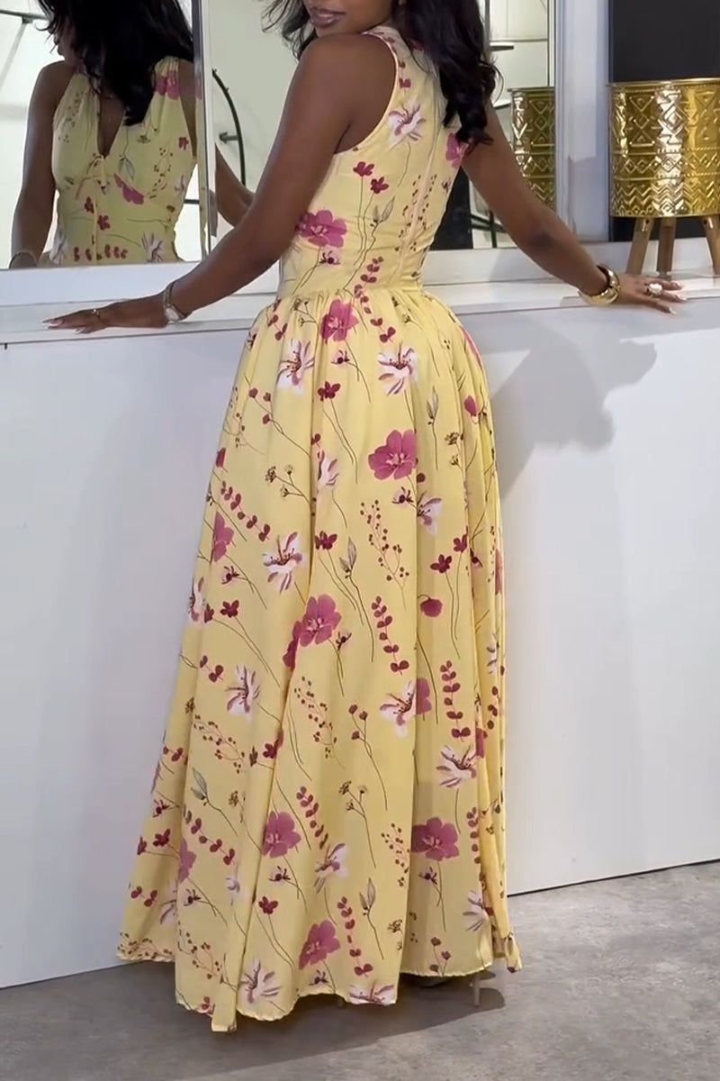 Women Deep V-neck Printed Waist Cinching Elegant Casual Maxi Dresses